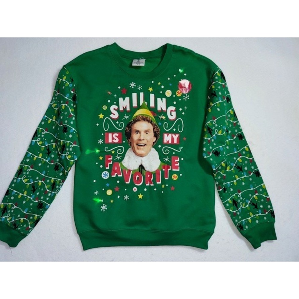 Buddy Elf Juniors MED 7-9 Light Up Christmas Sweatshirt Smiling is My‎ Favorite